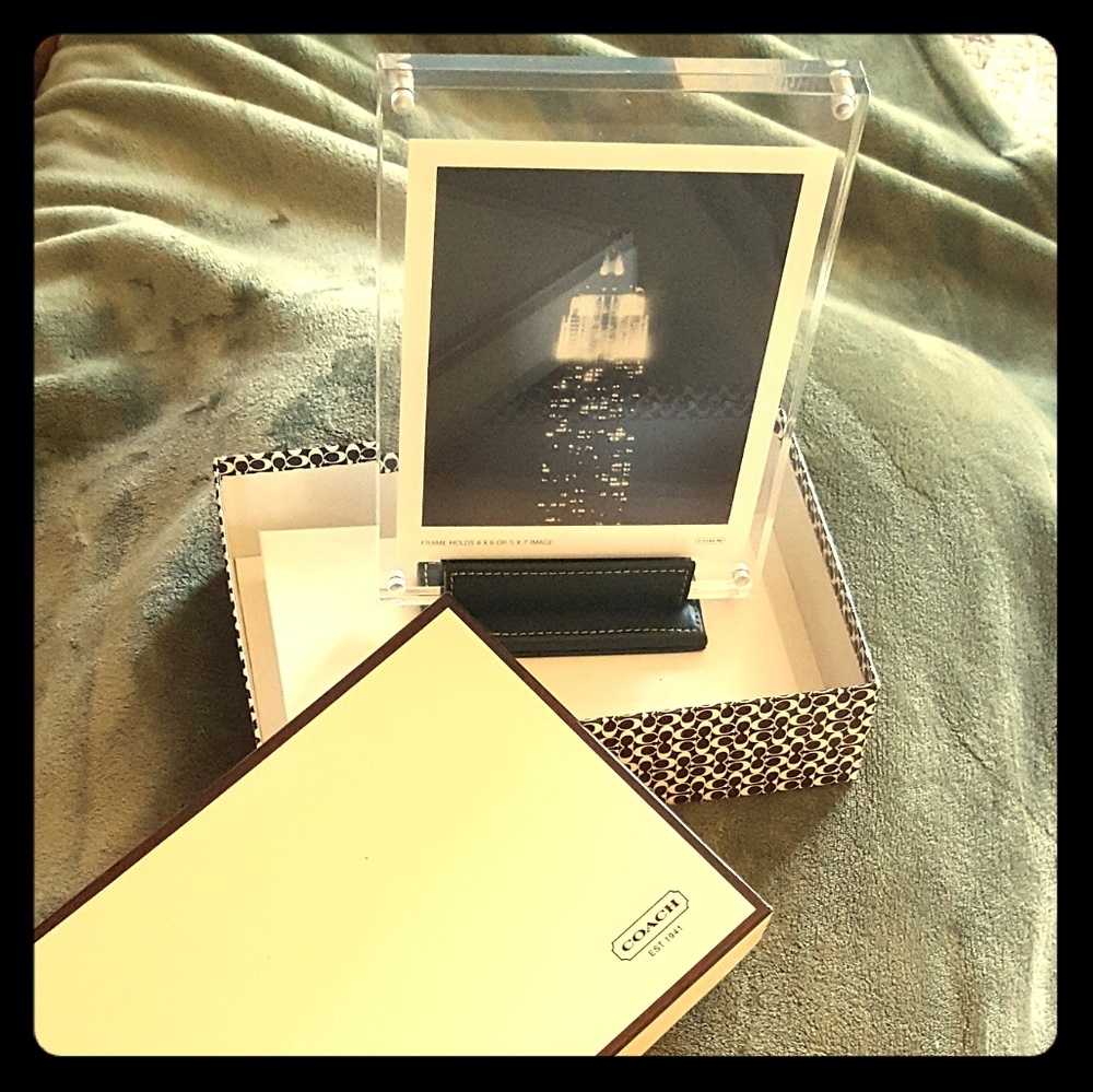 Coach Lucite photo frame with green leather base